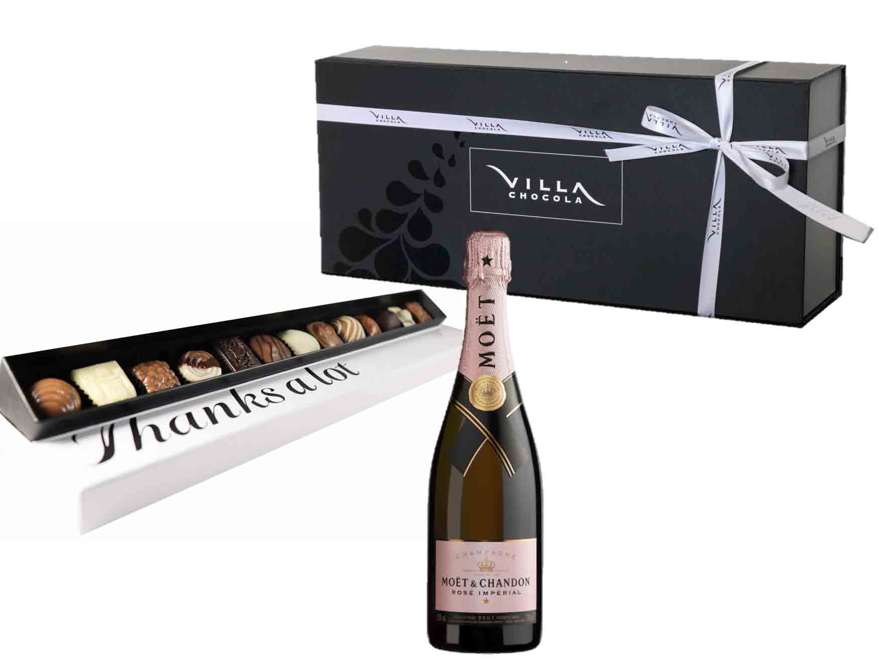 Chocolade cadeau box met champagne en bonbons
